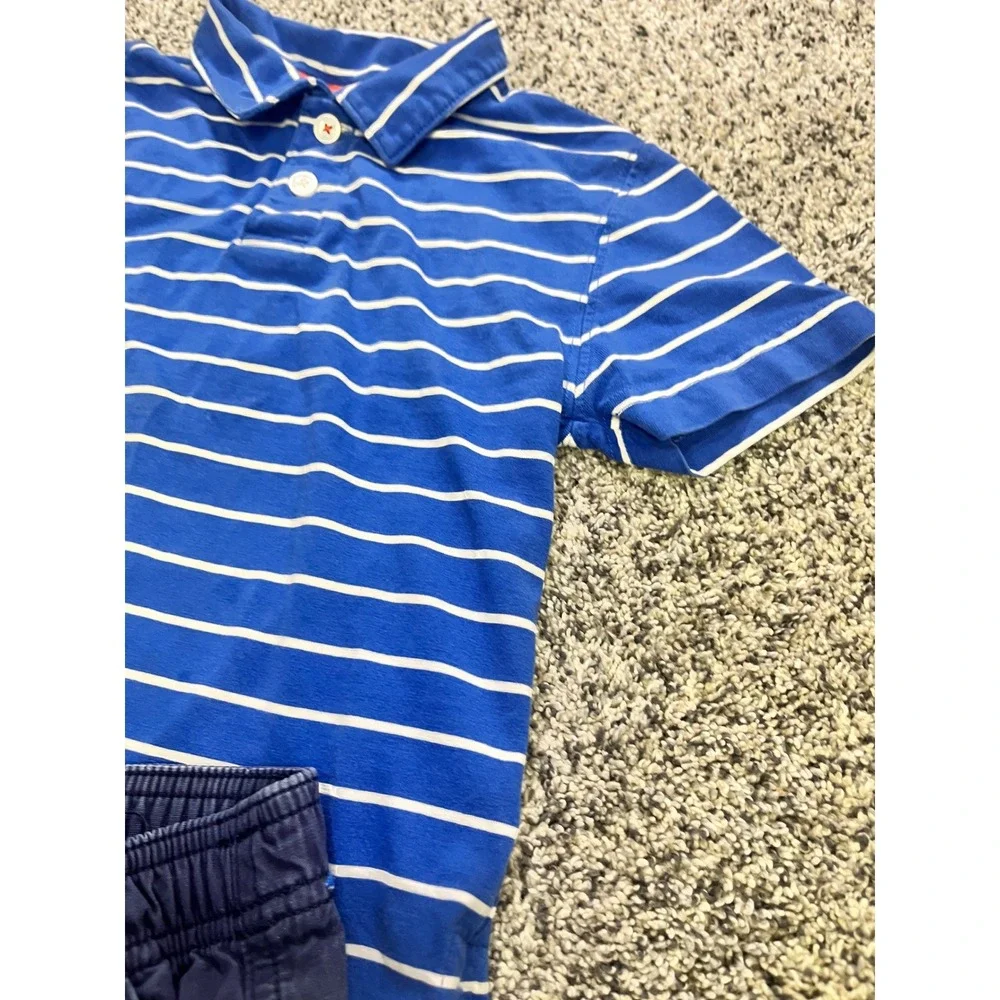 Hanna Andersson Boys Blue White Striped Polo Shark Embroidered Shorts Set Size 5